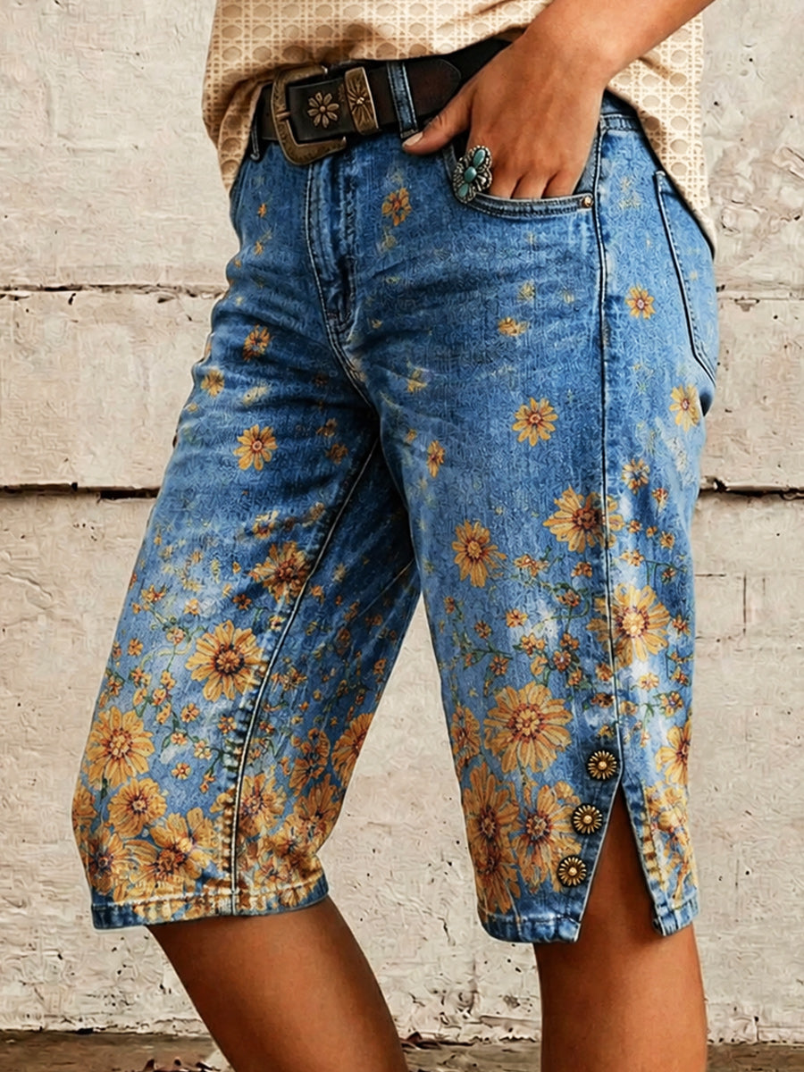 Retro Style Floral Art Print Vintage Casual Denim Shorts